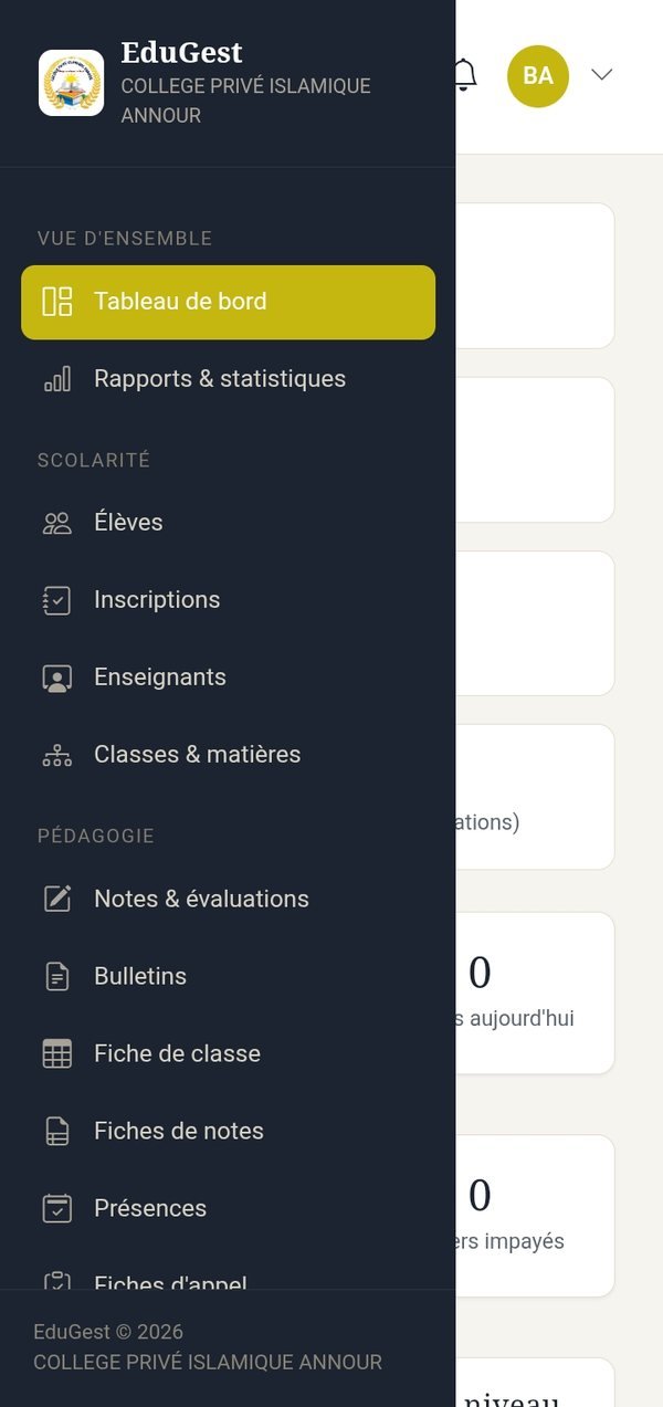 Menu de navigation de l’application